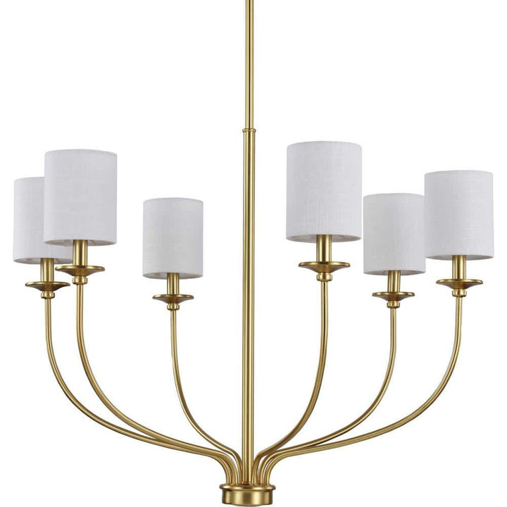 Progress Lighting Bonita Collection 6-Light Satin Brass White Linen Fabric Shade Luxe Chandelier Light
