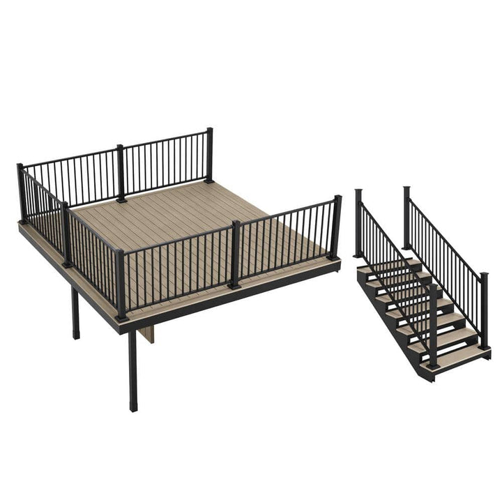 FORTRESS Apex Attached 12 ft. x 12 ft. Artic Birch PVC Deck Kit and 7-Step Stair Kit with Steel Framing and Aluminum Railing