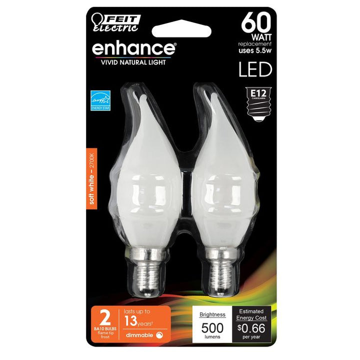 Feit Electric 60-Watt Equivalent CA10 Candelabra Dimmable Filament CEC Clear Glass Chandelier LED Light Bulb, Soft White (2-Pack)
