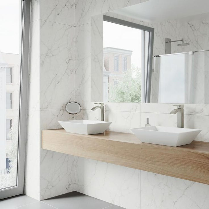 VIGO Vinca Matte Stone Vessel Bathroom Sink in White with Duris Vessel Faucet in Brushed Nickel