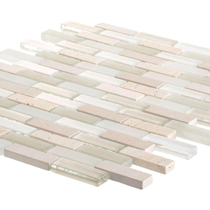Jeffrey Court Cottage Ridge Mini Brick Beige 9.75 in. x 11.875 in. x 8 mm Interlocking Glass/Travertine Mosaic Tile