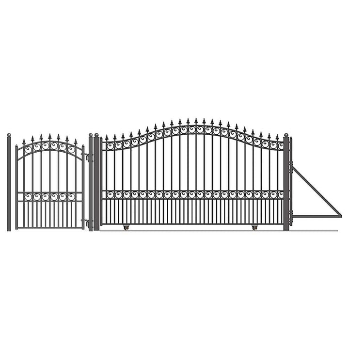 ALEKO 19 ft. x 6 ft. x 14 ft. Black Steel Single Sliding Driveway Gate London Style with Pedestrian Gate 5 ft. Fence Gate