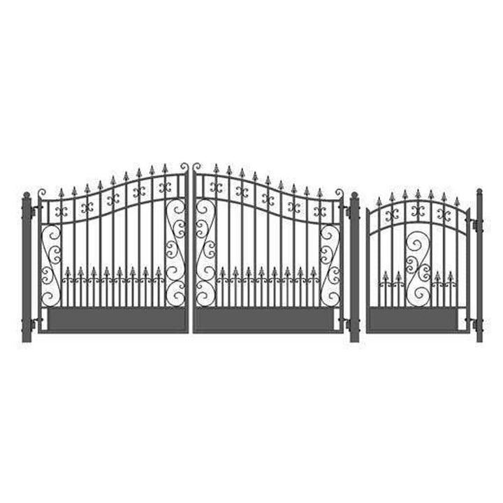 ALEKO 17 ft. x 6 ft. Black Steel Dual Swing Driveway Gate Venice Style 12 ft. with Pedestrian Gate 5 ft. Fence Gate