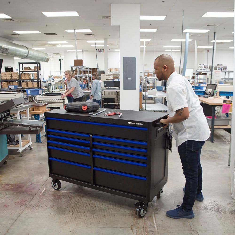 Montezuma 56 in. W x 24 in. D 11-Drawer Roller Cabinet Tool Chest with Power and USB Outlets in Black and Blue