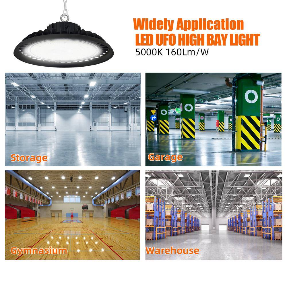 Bieuoram 150-Watt Integrated LED Dimmable Balck High Bay Light 24000LM 5000K Daylight Commercial UFO High Bay Light, IP65 (1Pack)