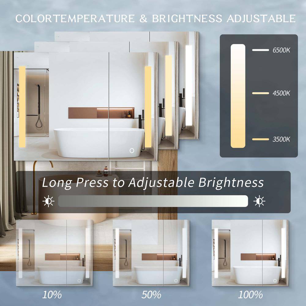 COWLOWN 30 in. W x 26 in. H Black Rectangular Iron Medicine Cabinet with Mirror, Defogger, Dimmable Lights Brightness Memory