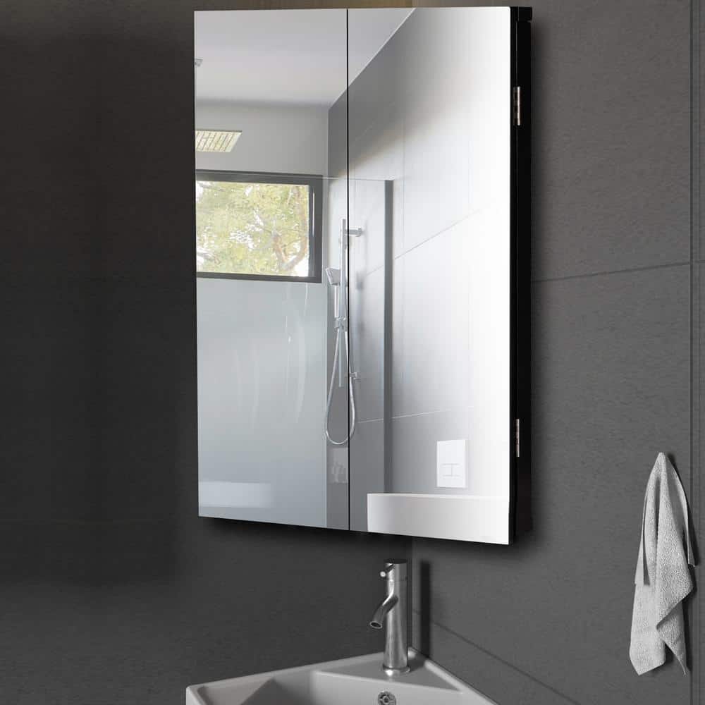 eclife 17.8 in. W x 23.5 in. H Rectangular Double Door Corner Surface Mount Frameless Medicine Cabinet with Mirror in Black