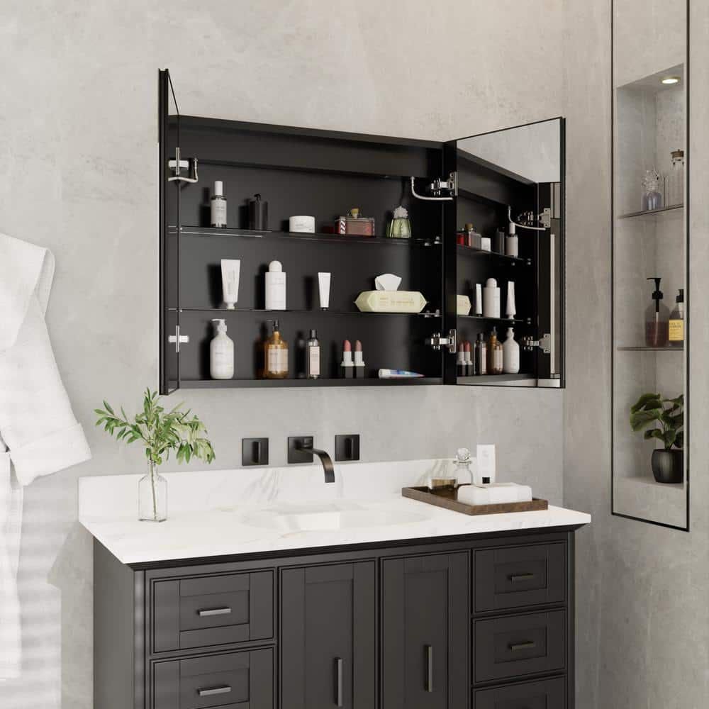 ExBrite 30 in. W x 26 in. H Rectangular Silver Aluminum Recessed/Surface Mount Dimmable Medicine Cabinet with Mirror LED