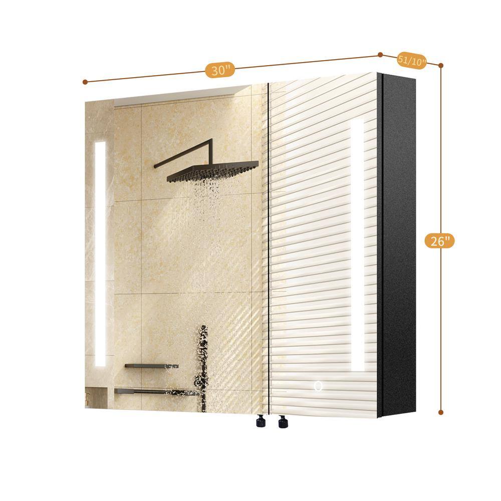 FAMYYT 30 in. W x 26 in. H Black Rectangular Frameless Anti-Fog Dimmable LED Light Surface Mount Medicine Cabinet with Mirror