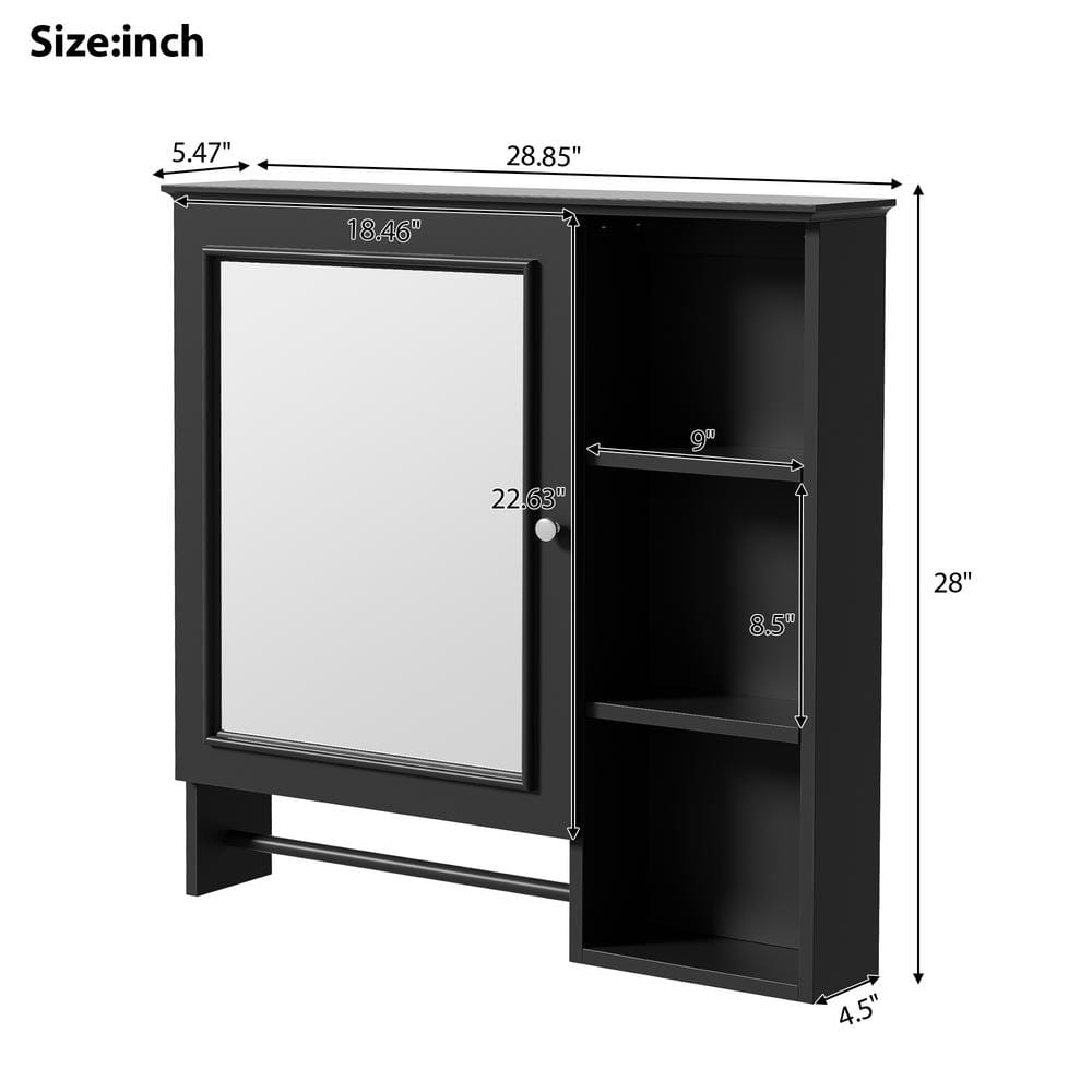 FAMYYT 29 in. W x 28 in. H Black Rectangular Surface Mount Medicine Cabinet with Mirror, Adjustable Shelves