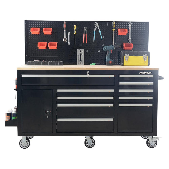 Frontier Heavy-Duty 62 in. W x 22 in. D 10-Drawer Black Tool Chest Mobile Workbench Cabinet with Pegboard Back Wall