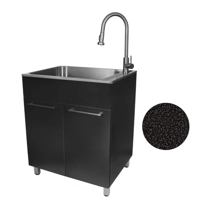 Glacier Bay 28 in. W x 10 in. D x 22 in. L Freestanding Stainless Steel Laundry Sink with Faucet and Double Door Cabinet in Black