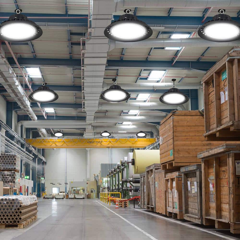 Honbei 11 in. 450-Watt Equivalent Integrated LED Dimmable Black High Bay Light, 5000K UFO High Bay LED Lights for Workshop