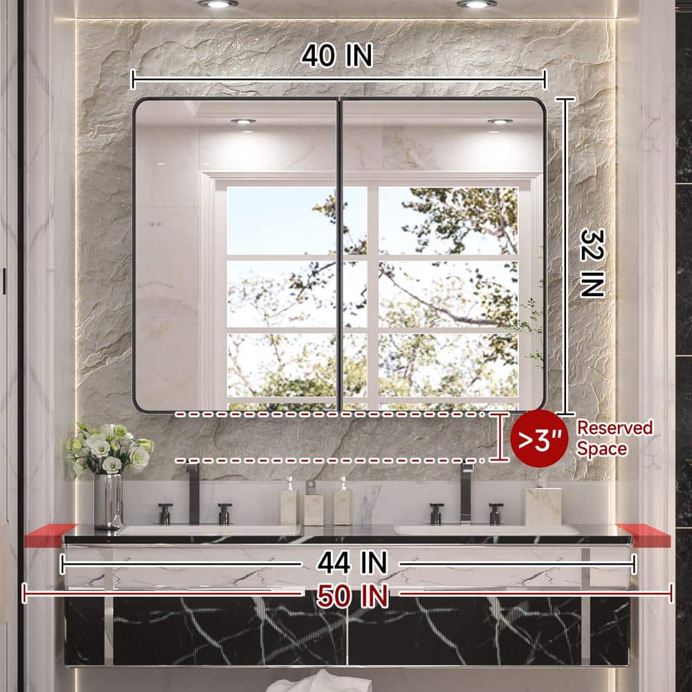 KeonJinn 40 in. W x 32 in. H Rectangular Black Stainless Steels Framed Recessed/Surface Mount Medicine Cabinet with Mirror