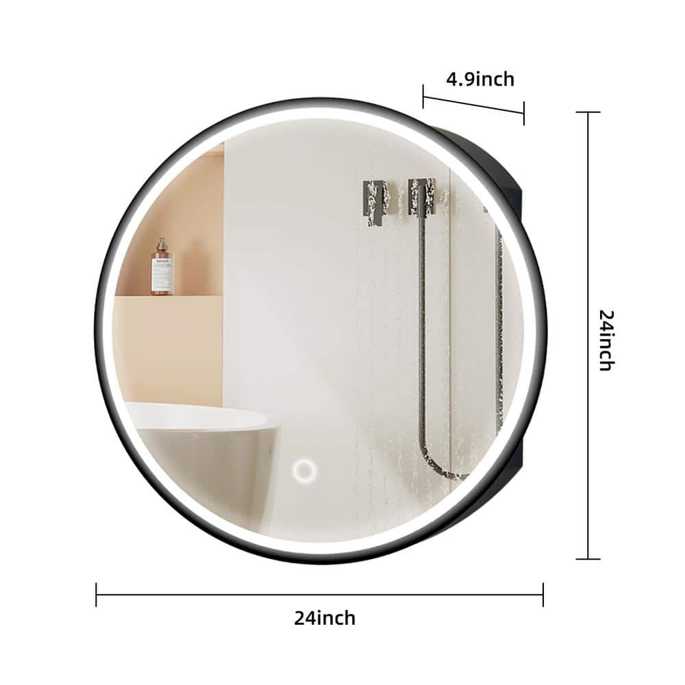 UKISHIRO 24 in. W x 24 in. H Rounded Iron Medicine Cabinet with Mirror and Anti-Fog Function