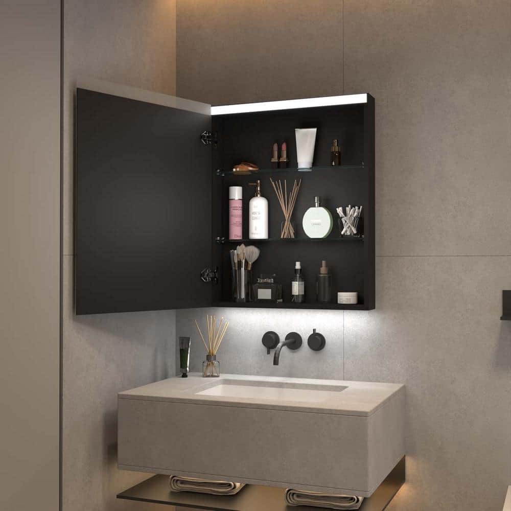 24 in. W x 30 in. H Black Rectangular Aluminum LED Medicine Cabinet with Mirror and Adjustable Shelf, Left Open