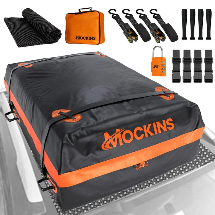 Mockins 30 cu. ft. Waterproof Rooftop Cargo Carrier Bag 60 in. x 43 in. x 20 in. RoofBag with StorageBag and Accessories, Orange