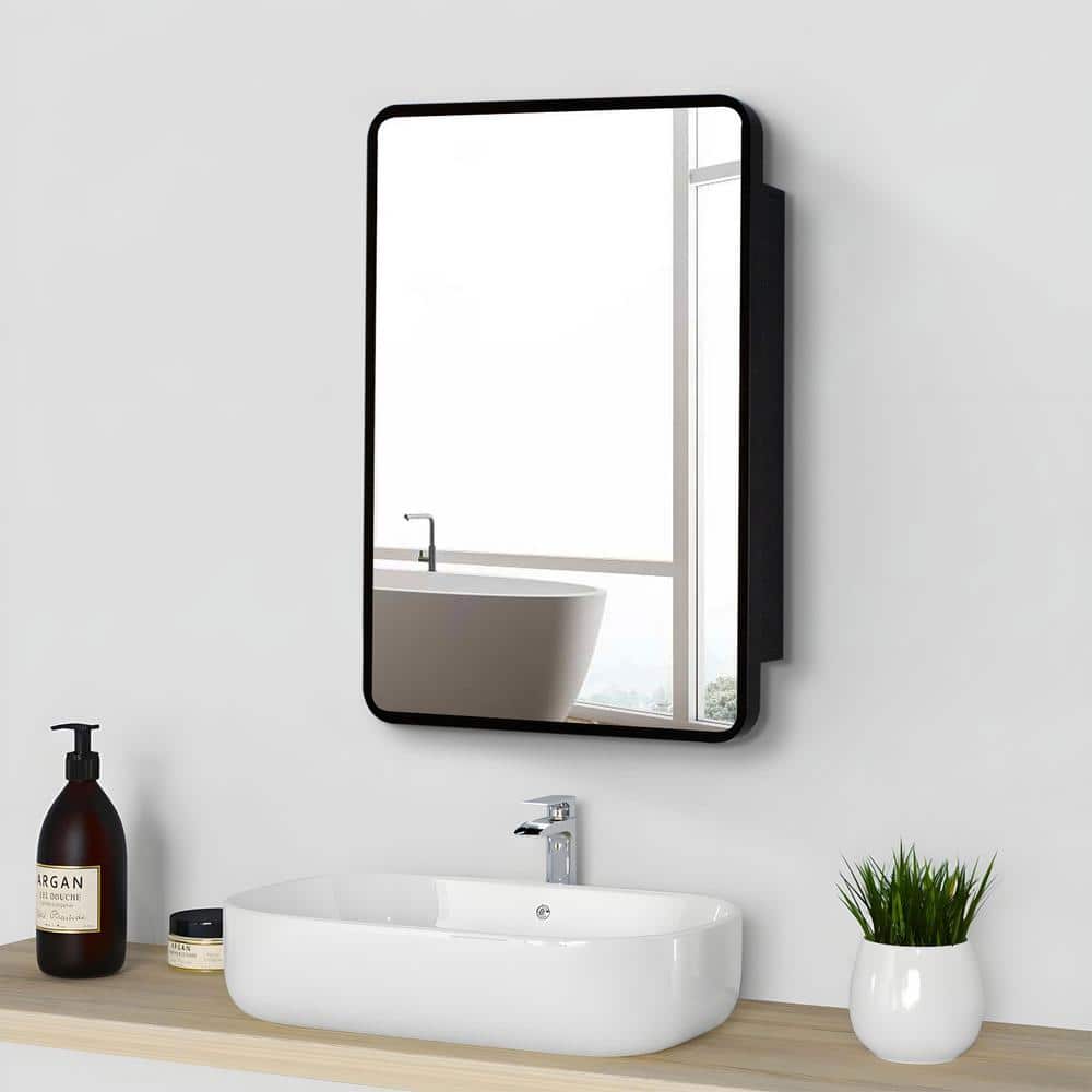 Aoibox 20 in. W x 28 in. H Rectangular Black Silver Iron Powder Medicine Cabinet with Mirror, 1 Door, 2 Shelves