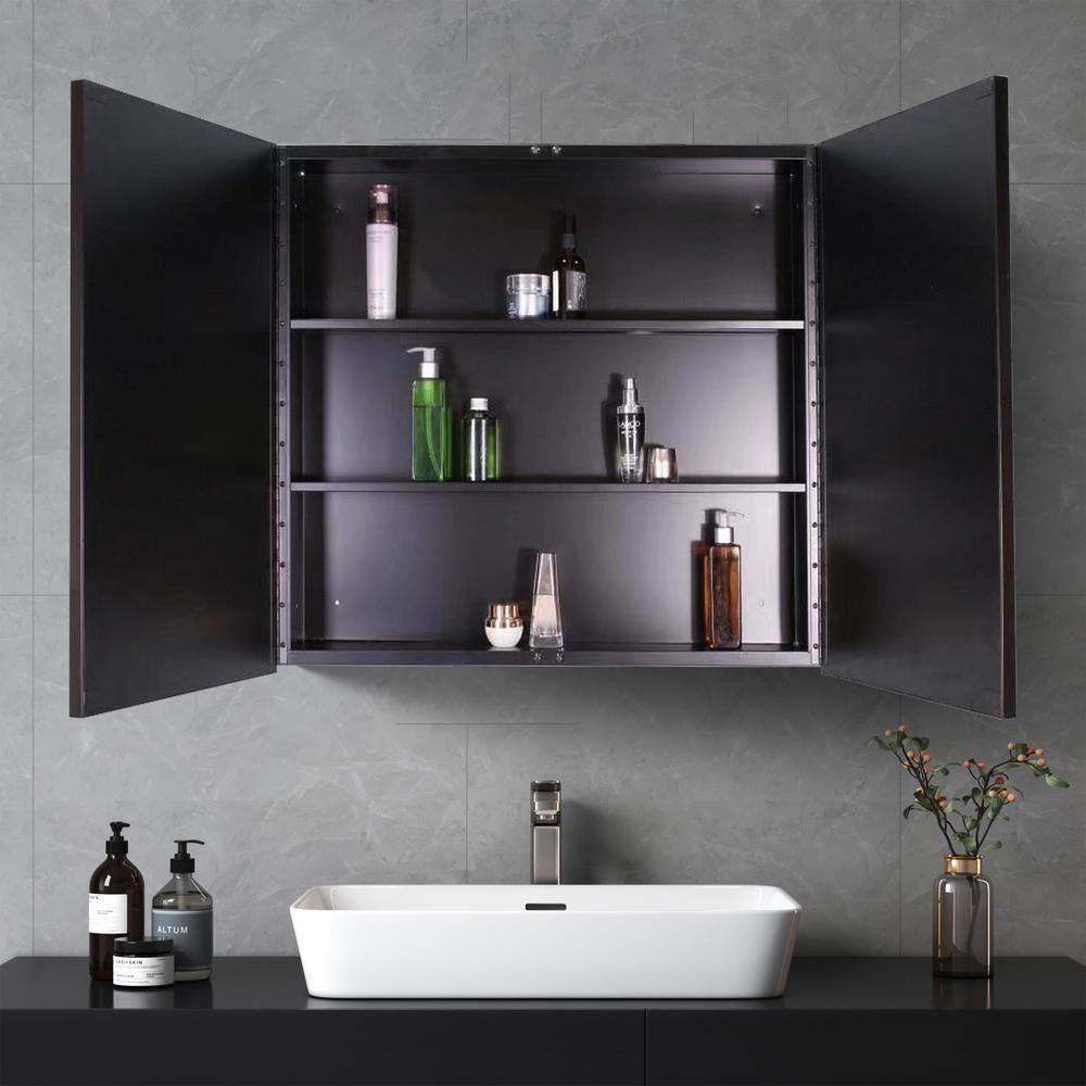 Tileon 30 in. W x 26 in. H Rectangular Black Metal Wall Mount or Recessed Medicine Cabinet with Mirror