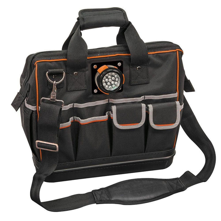 Klein Tools Tradesman Pro Lighted Tool Bag, 31 Pockets, 15.25 x 14 x 8 in (Model 55431)