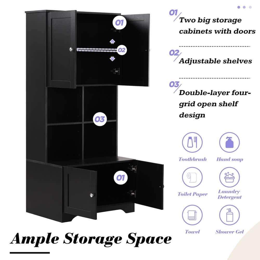 Wyndham Collection Black Linen Cabinet with Adjustable Shelves, 31x16x67 Inches