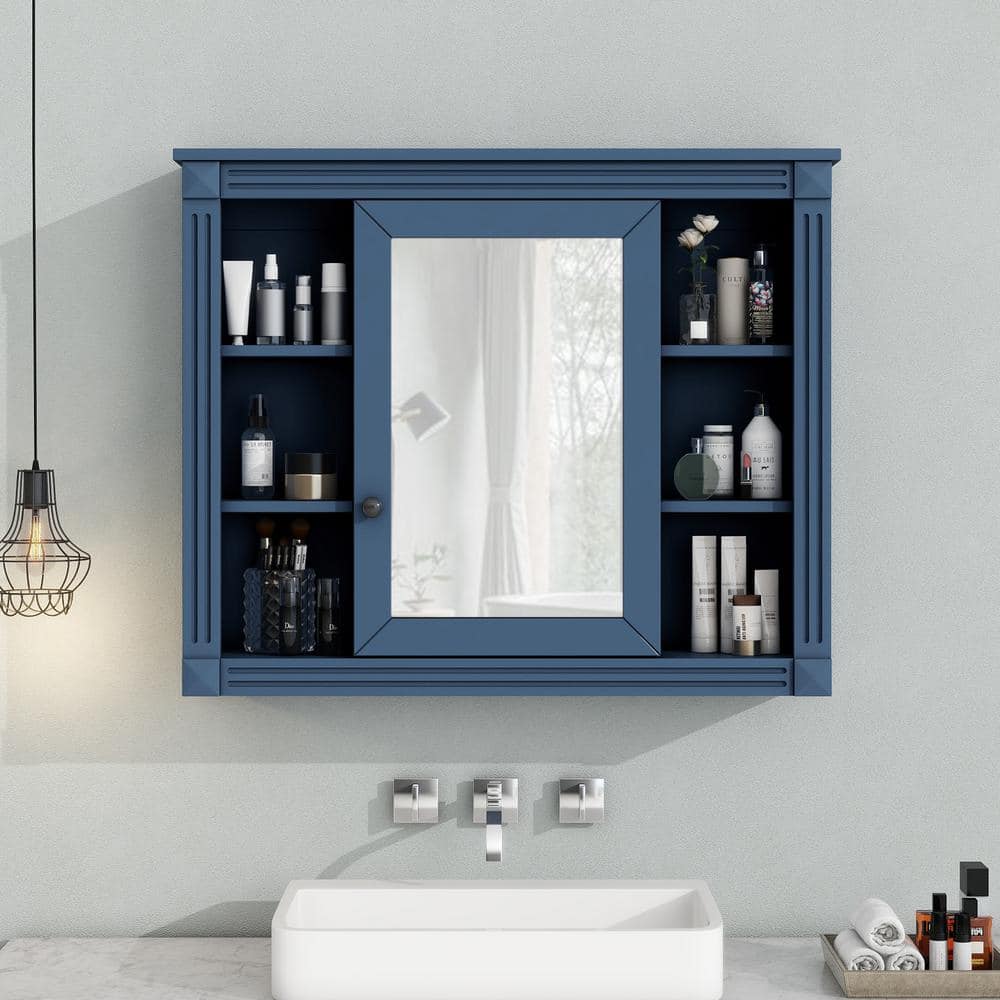 Unbranded 35 in. W x 28.7 in. H Rectangular Surface Mount Blue Bathroom Medicine Cabinet with Mirror with Open Shelves