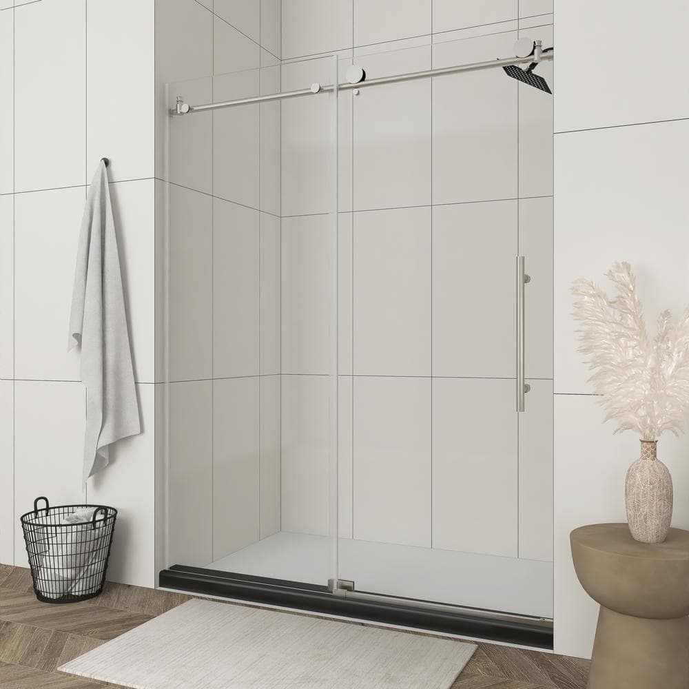 Boosicavelly 60 in. W x 76 in. H Single Sliding Frameless Shower Door in Brushed Nickel Finish with Tempered Glass