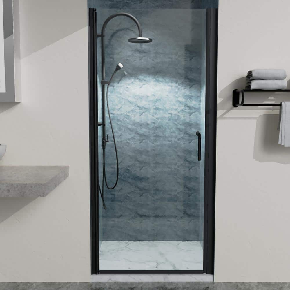 Boosicavelly 34 In. W x 72 In. H Pivot Semi-Frameless Shower Door in Matte Black with Clear Glass