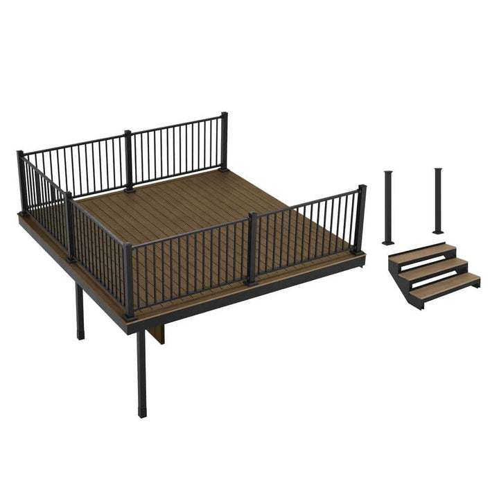 FORTRESS Apex Attached 12 ft. x 12 ft. Brazilian Teak PVC Deck Kit and 3-Step Stair Kit with Steel Framing and Aluminum Railing