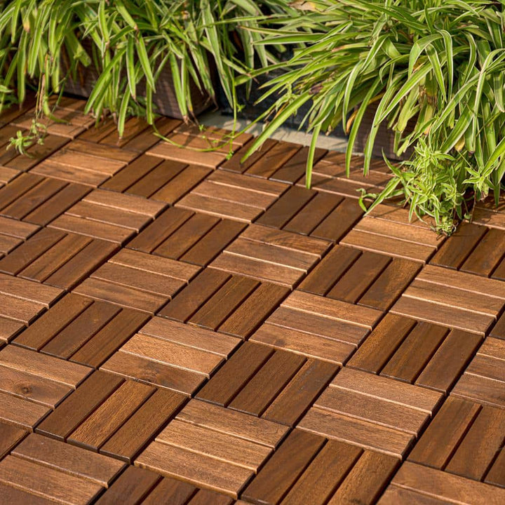 GOGEXX 12 in. x 12 in. Checker Pattern Acacia Wood Interlocking Flooring Deck Tiles Square Outdoor Patio Brown Pack of 10 Tiles