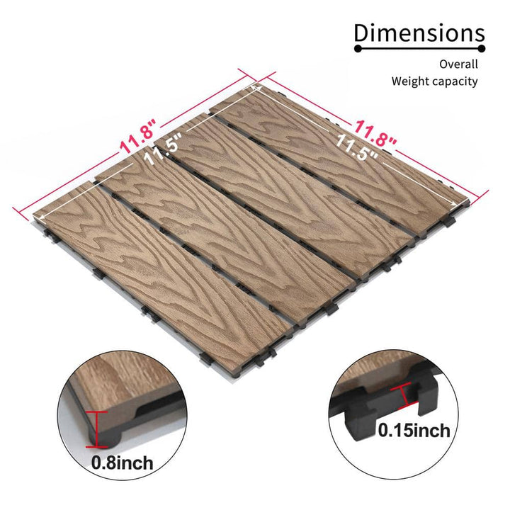GOGEXX 11.8 in. W x 11.8 in. L Outdoor Striped Pattern WPC Composite Interlocking Flooring Deck Tiles (Set of 22) in Brown