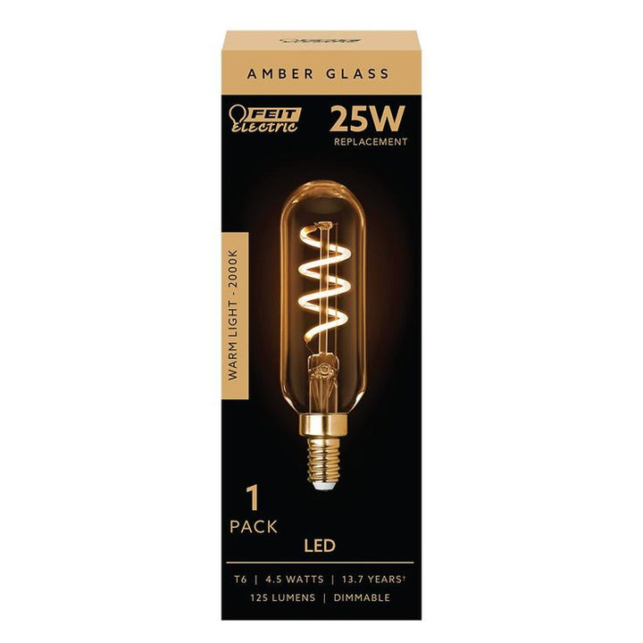 Feit Electric 25-Watt Equivalent T6 Candelabra Dimmable LED Amber Glass Vintage Light Bulb with Spiral Filament Warm White (12-Pack)