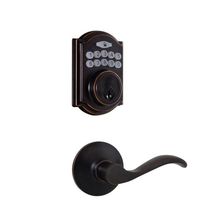 Castle Aged Bronze Single Cylinder Electronic Keypad Deadbolt with Passage Naples Lever Combo Pack