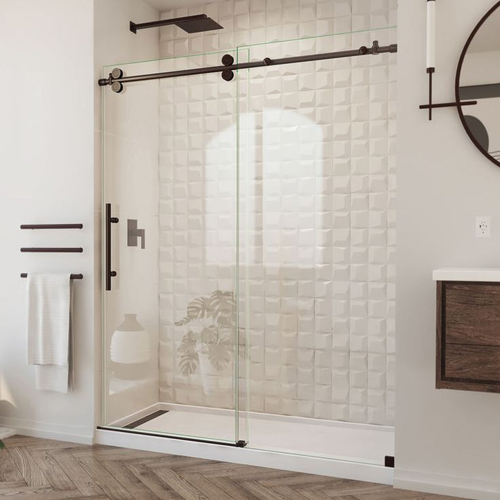 DreamLine Enigma-XO 76-in H x 56-in to 60-in W Frameless Bypass/Sliding Satin Black Shower Door with Clear Glass