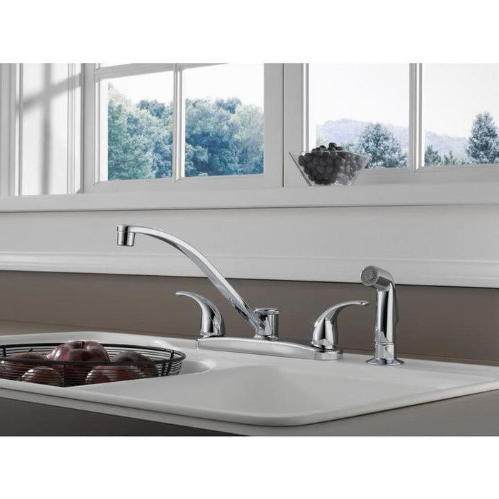 Peerless Chrome 2-Handle Deck-Mount Low-Arc Handle Kitchen Faucet (Deck Plate Included)
