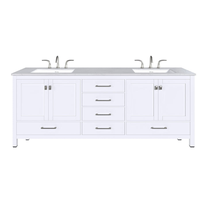 Eviva Frontier 84"W x 22"D White Double Sink Bathroom Vanity with White Carrara Marble Countertop and Undermount Porcelain Sinks