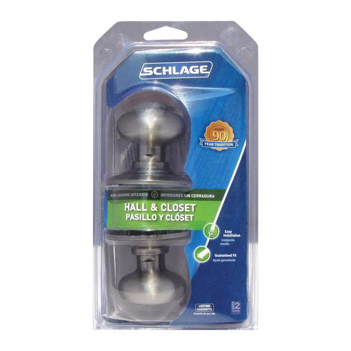 Schlage Plymouth Satin Nickel Passage Lockset, ANSI Grade 2, 1-3/4 in