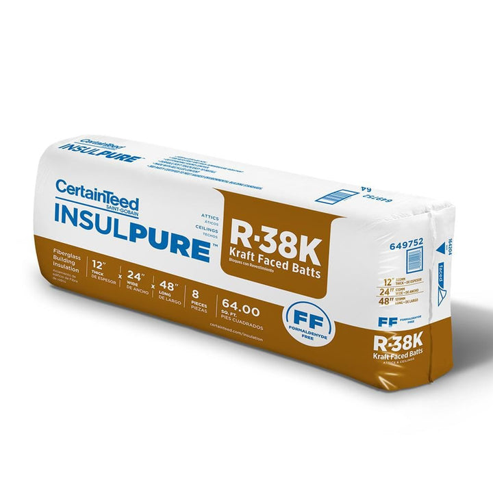 CertainTeed InsulPure R-38 Kraft Faced Fiberglass Batt Insulation 24 in. x 48 in. (8-Piece, 64 sq-ft)
