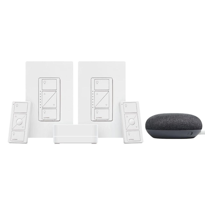 Lutron Caseta Smart Lighting Dimmer Switch (2 Count) Starter Kit w/ Google Mini Charcoal (CASETA2W-GMCHCL)