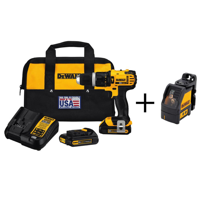 20-Volt Max Lithium-Ion Cordless Hammer Drill Kit with Bonus Self Leveling Cross Line Laser - Super Arbor