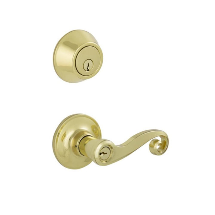 Bright Brass Entry Single Cylinder Deadbolt and Acton Keyed Lever Combo Pack - Super Arbor