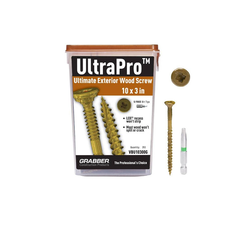 #10 x 3 in. UltraPro LOX 2 Drive, Flat Scavenger II Head, GrabberGard Gold, Exterior Wood Screws (5 lb. box)