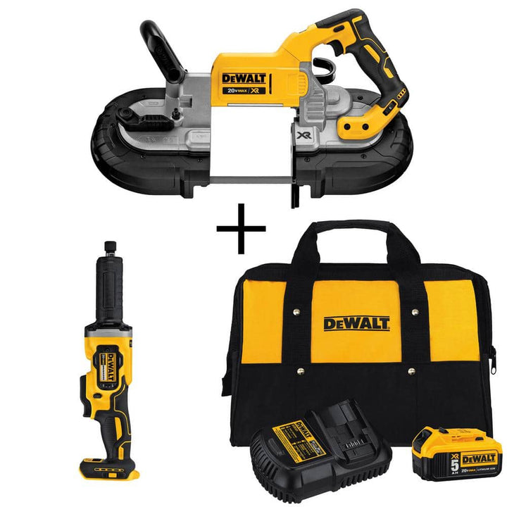 DEWALT 20V MAX XR Cordless Brushless Deep-Cut Band Saw with 1-1/2 in. Die Grinder, 5.0Ah Battery, Charger & Bag (Tools-Only)
