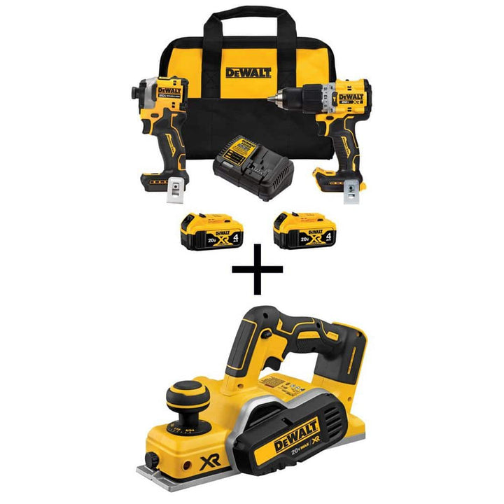 DEWALT 20-Volt MAX XR Hammer Drill and Atomic Impact Driver 2-Tool Cordless Combo Kit and 3-1/4" Planer with two 4 Ah Batteries