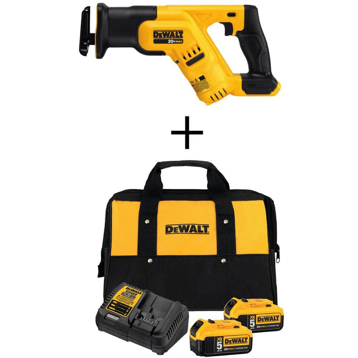 DEWALT 20-Volt MAX Lithium-Ion Cordless Compact Reciprocating Saw Kit with 2.0Ah Battery, Charger, Bag + Bonus 5.0Ah Battery