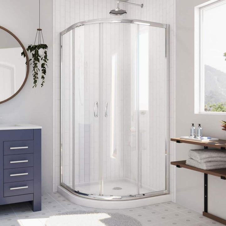 DreamLine Prime 36 in. x 36 in. x 74.75 in. H Corner Semi-Frameless Sliding Shower Enclosure in Chrome with White Shower Base