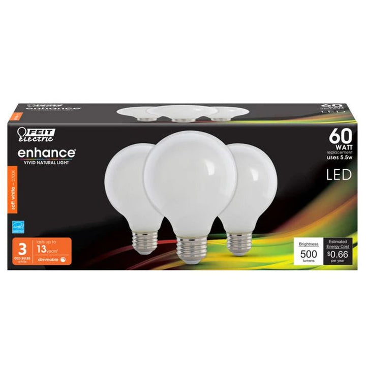 Feit Electric 60-Watt Equivalent G25 Dimmable Filament ENERGY STAR White Glass LED Light Bulb, Soft White (3-Pack)