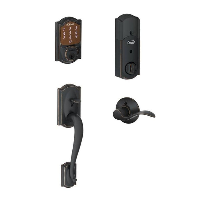 Camelot Aged Bronze Sense Smart Deadbolt and Camelot Handleset with Accent Lever with Camelot Trim