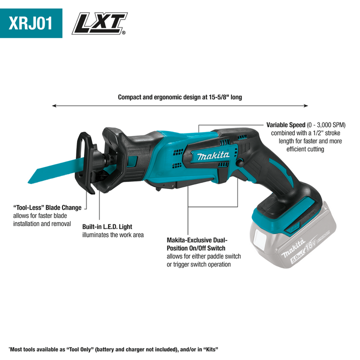 Makita 18V LXT Lithium‑Ion Cordless Variable Speed Compact Reciprocating Saw with Built‑in LED, Tool‑Only (XRJ01Z)
