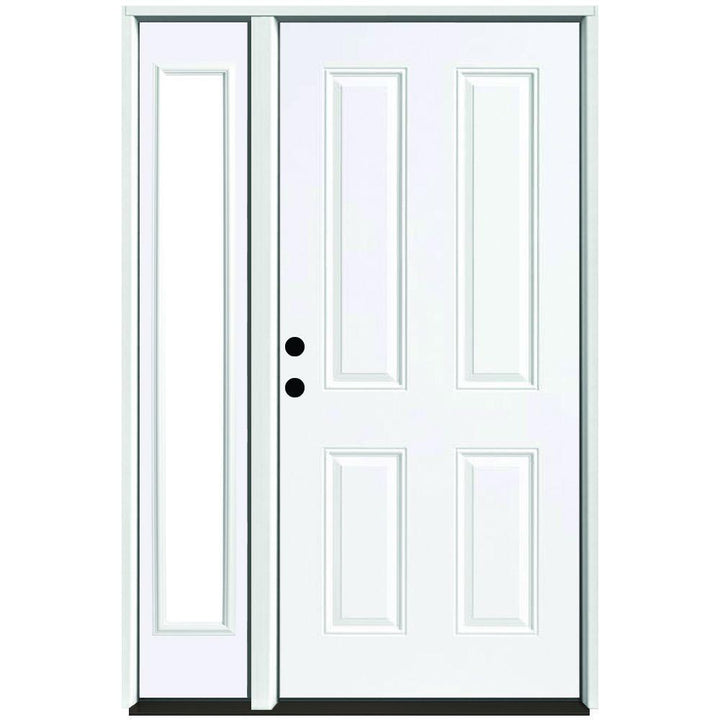 51 in. x 80 in. 4-Panel Primed White Right-Hand Steel Prehung Front Door with 12 in. Clear Glass Sidelite 4 in. Wall - Super Arbor